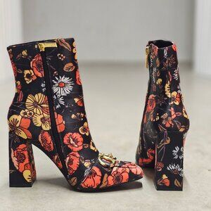 Floral Block Heel Ankle Boots With Gold Buckle Detail & Side Zipper Closure